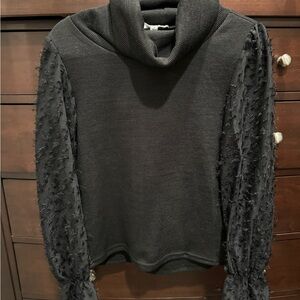 THML Chic Black Cowl Neck Sweater with Textured Sleeves